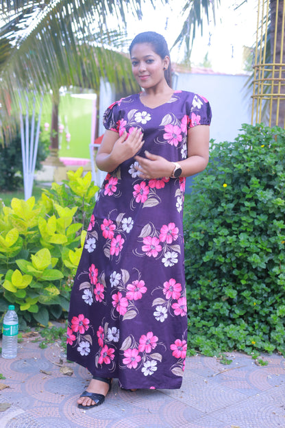 Drak Purple With Pink Flower Design V Neck Pattern Puff Sleeve Without Zip Nighty