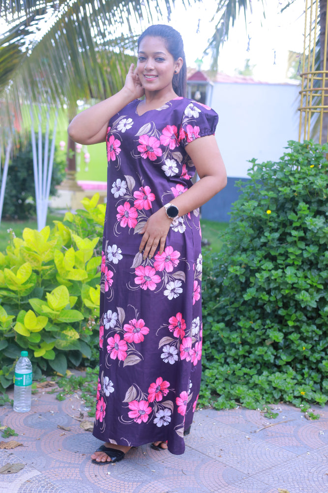 Drak Purple With Pink Flower Design V Neck Pattern Puff Sleeve Without Zip Nighty