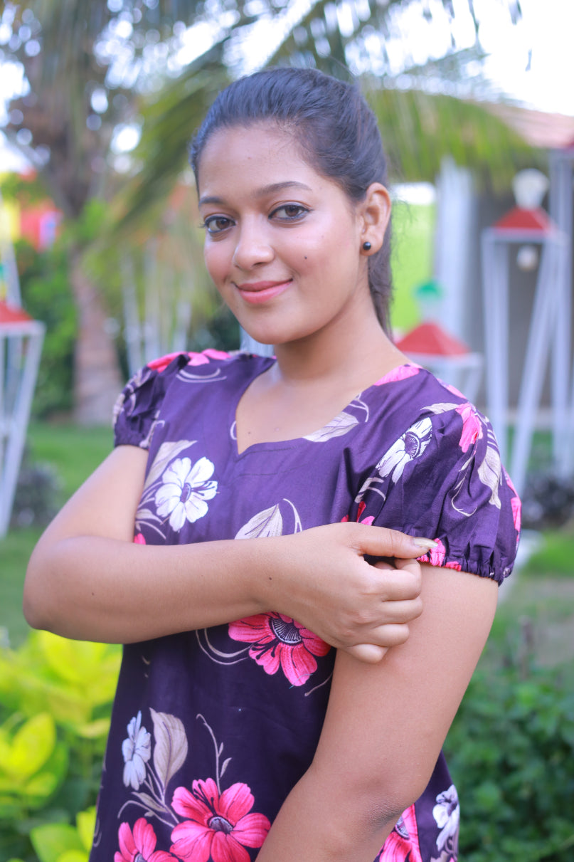 Drak Purple With Pink Flower Design V Neck Pattern Puff Sleeve Without Zip Nighty
