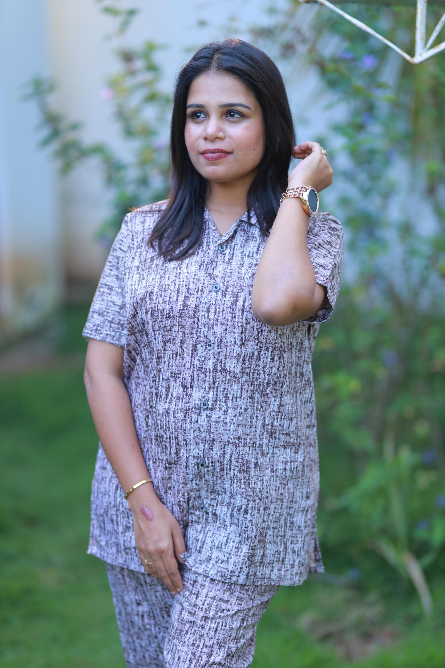 FANCY - Light brown With White full button collar type Nightdress