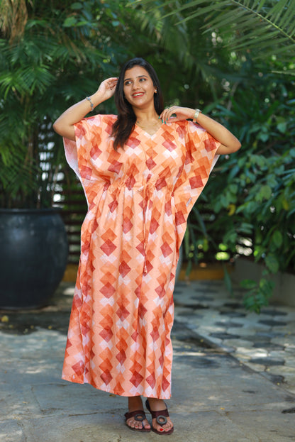 Pretty print casual cotton kaftan with center zip