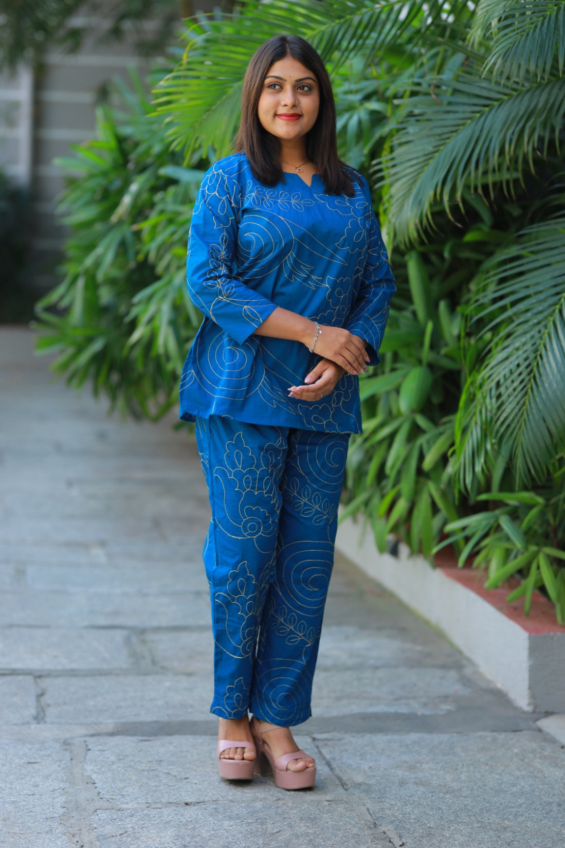 solid Blue Vibrant Color Pure cotton Embroidery co ord set (2 set )