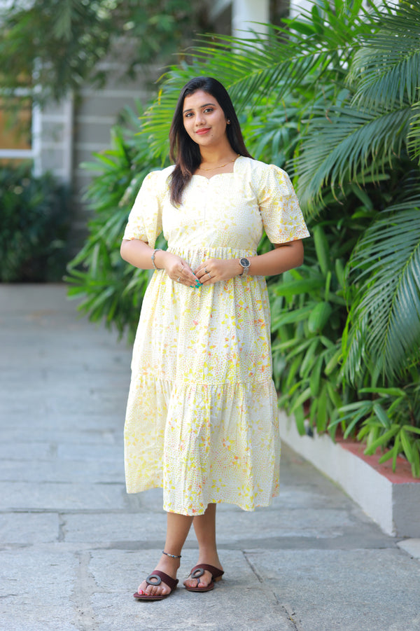 Pure cotton Hand Dyed Yellow Batik double layer frock with Center  zip