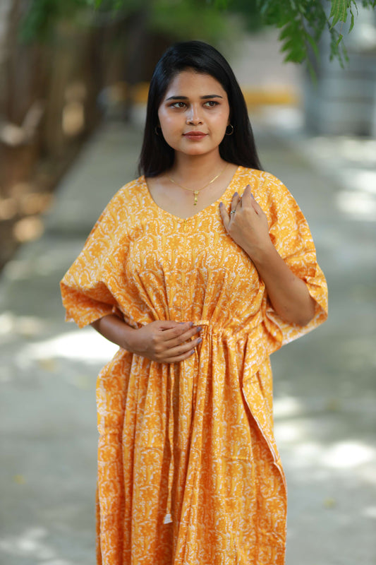 Fancy - Yellow with White design full lengthCenter Zip kaftan