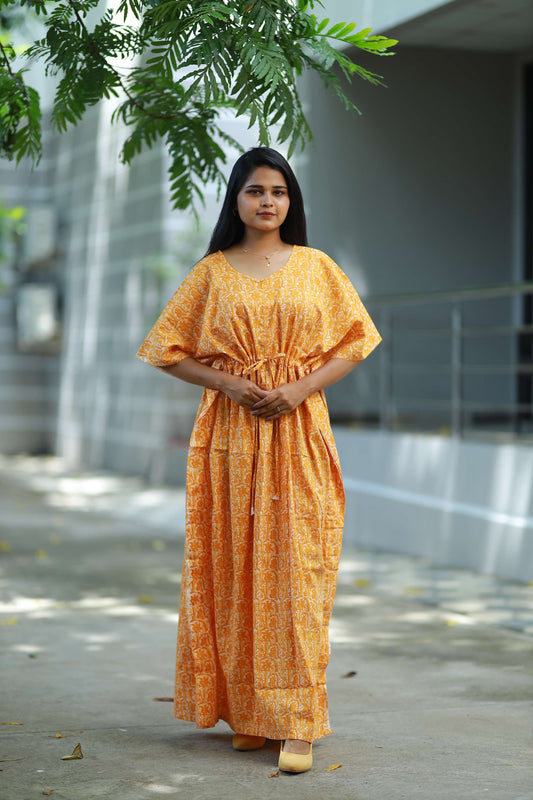 Fancy - Yellow with White design full lengthCenter Zip kaftan