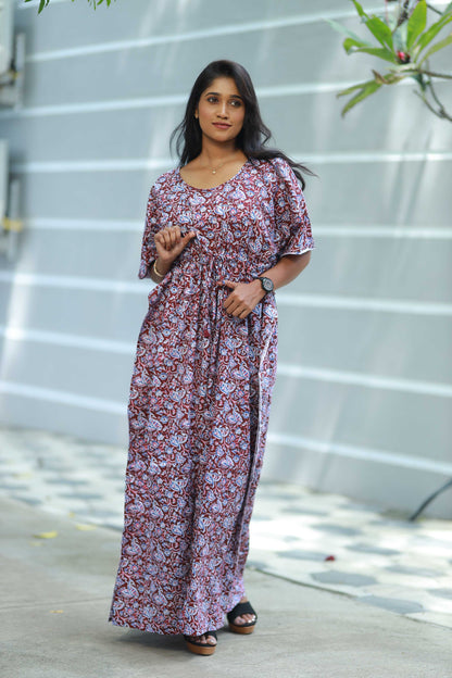 Fancy - Maroon with  White Flower design full length Side Zip kaftan