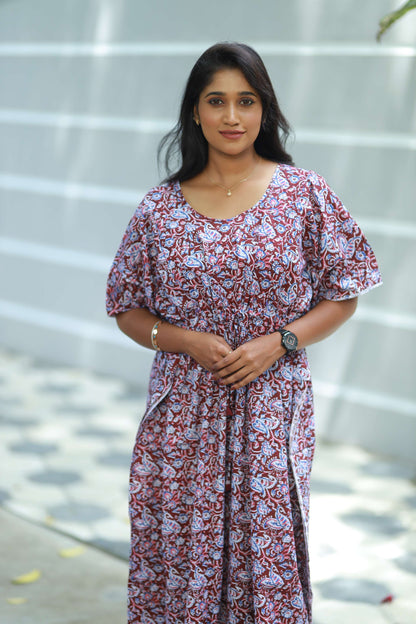 Fancy - Maroon with  White Flower design full length Side Zip kaftan