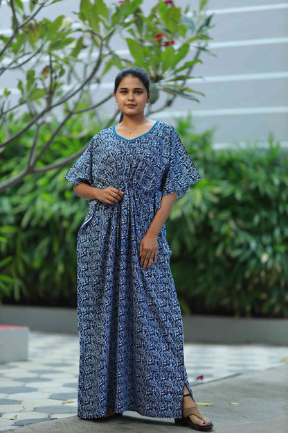 Fancy - Navy Blue with White  flower design full length  kaftan