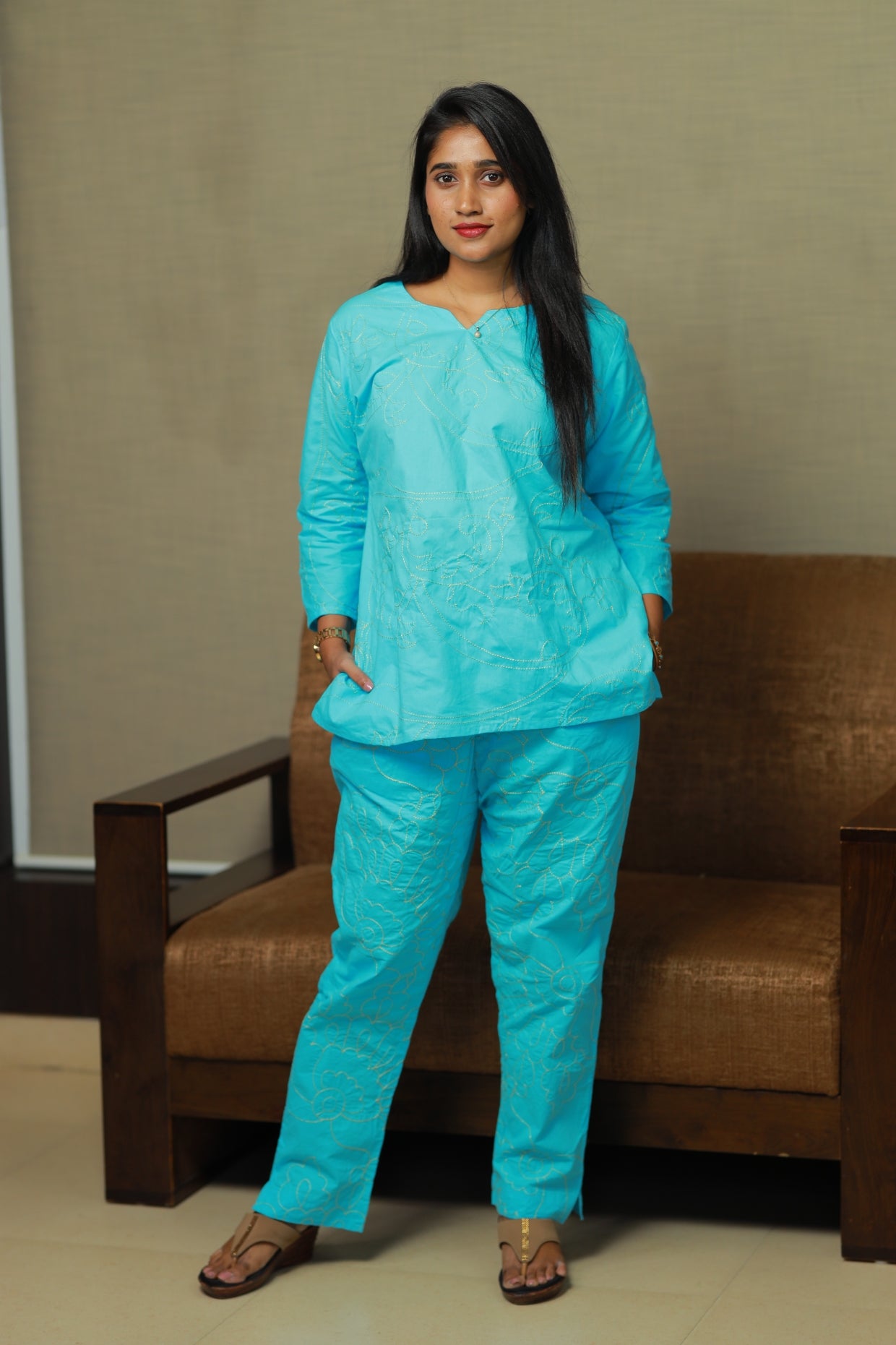 solid Sky Blue Vibrant Color Pure cotton Embroidery co ord set (2 set )