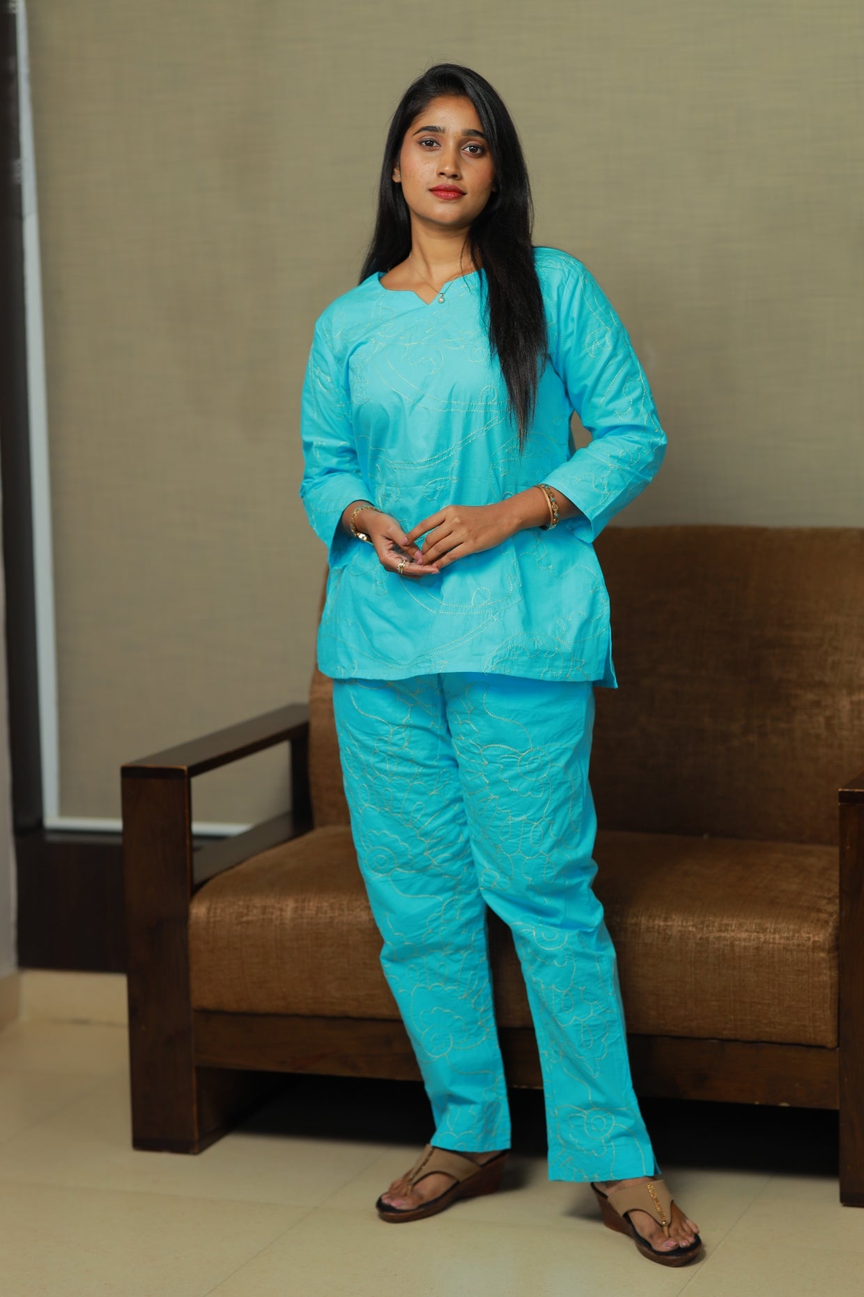 solid Sky Blue Vibrant Color Pure cotton Embroidery co ord set (2 set )