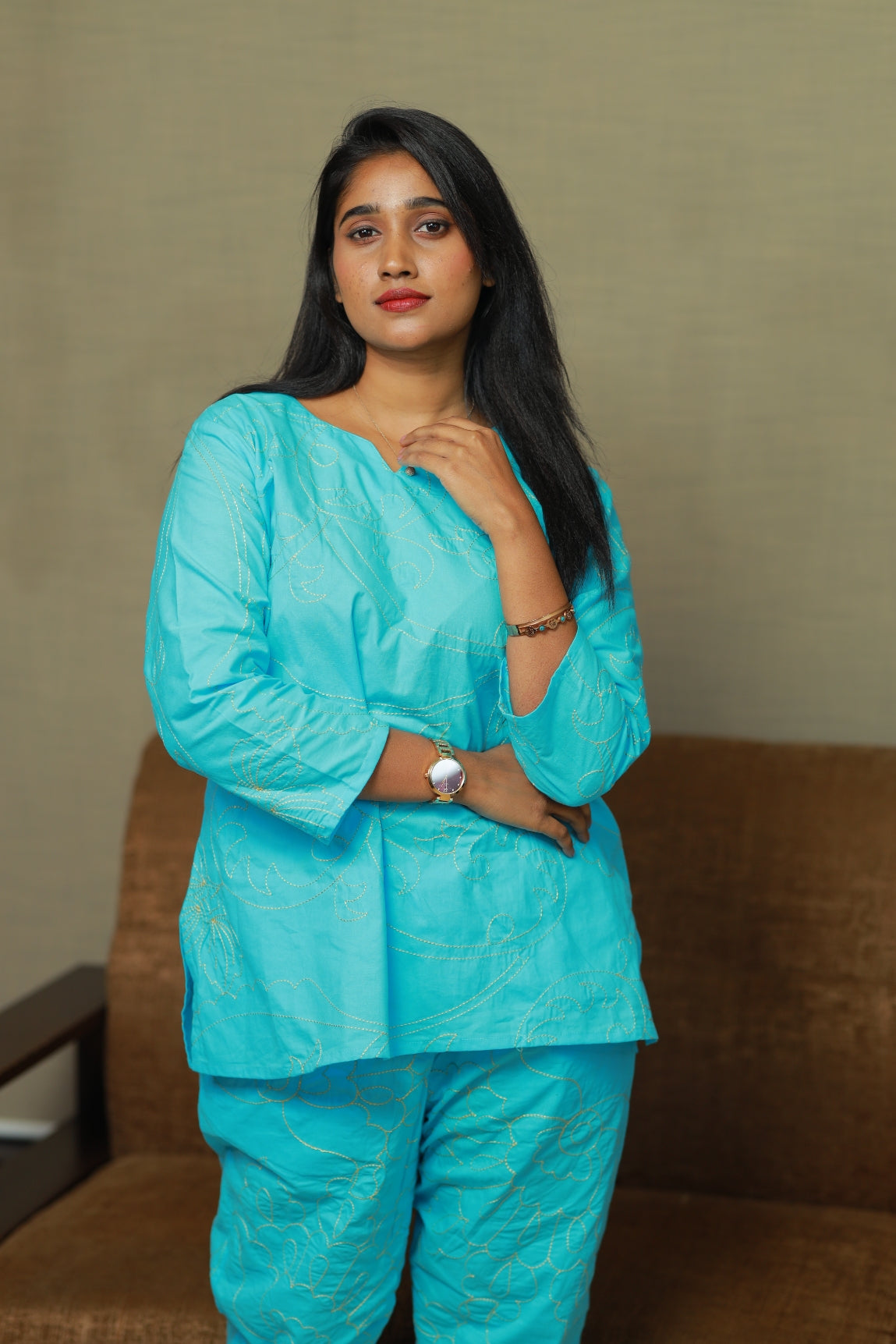 solid Sky Blue Vibrant Color Pure cotton Embroidery co ord set (2 set )