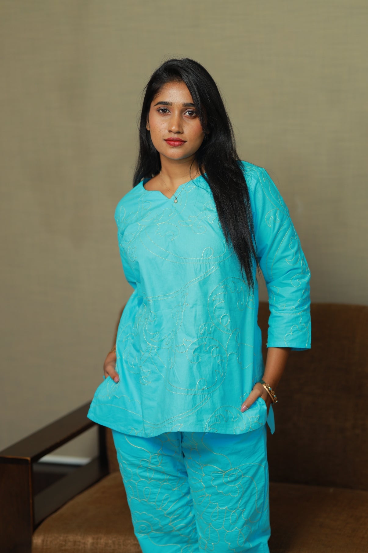 solid Sky Blue Vibrant Color Pure cotton Embroidery co ord set (2 set )
