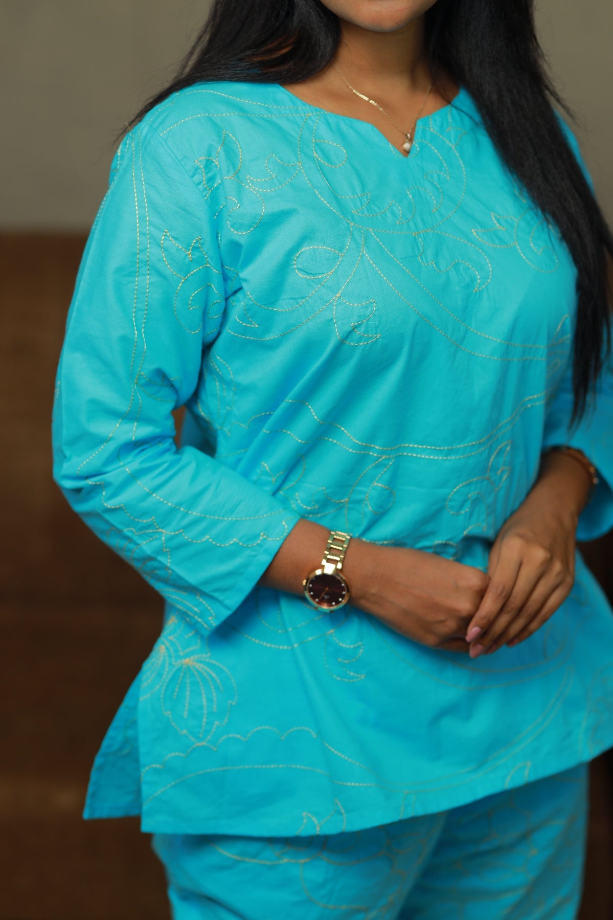 solid Sky Blue Vibrant Color Pure cotton Embroidery co ord set (2 set )