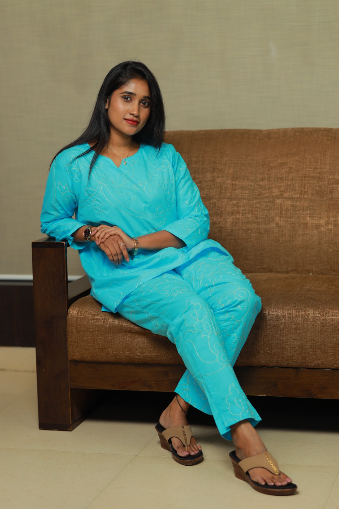 solid Sky Blue Vibrant Color Pure cotton Embroidery co ord set (2 set )