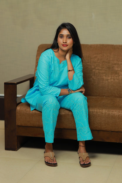 solid Sky Blue Vibrant Color Pure cotton Embroidery co ord set (2 set )