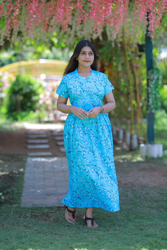 Sky Blue with White Partten Collar Design Center Zip Frock