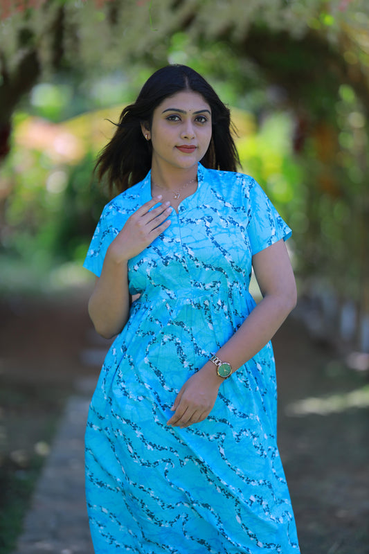 Sky Blue with White Partten Collar Design Center Zip Frock
