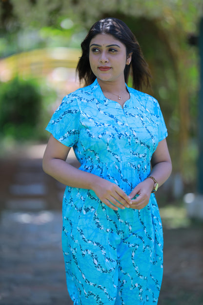 Sky Blue with White Partten Collar Design Center Zip Frock
