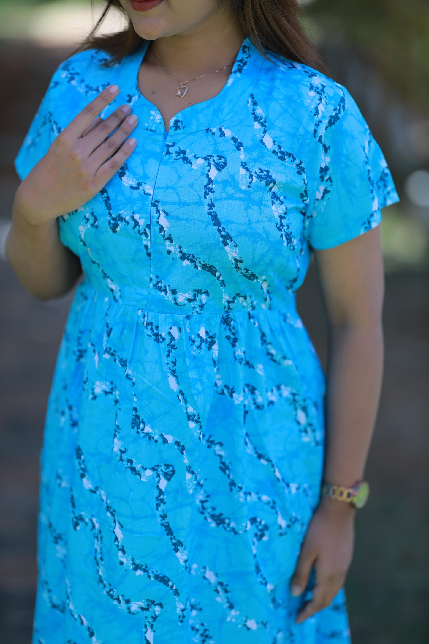Sky Blue with White Partten Collar Design Center Zip Frock