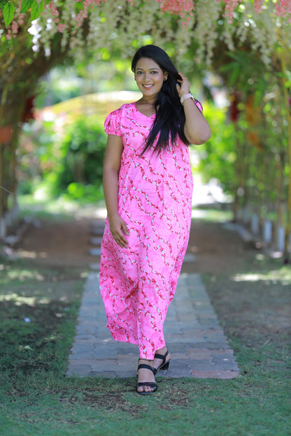Dark Pink With White Pattern Design V Neck Puff Sleeve Without Zip Nighty