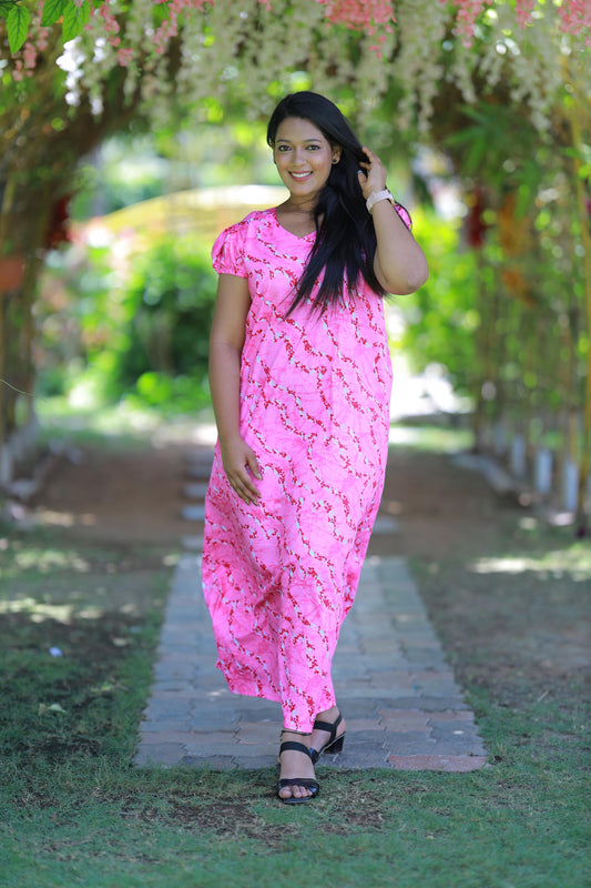 Dark Pink With White Pattern Design V Neck Puff Sleeve Without Zip Nighty