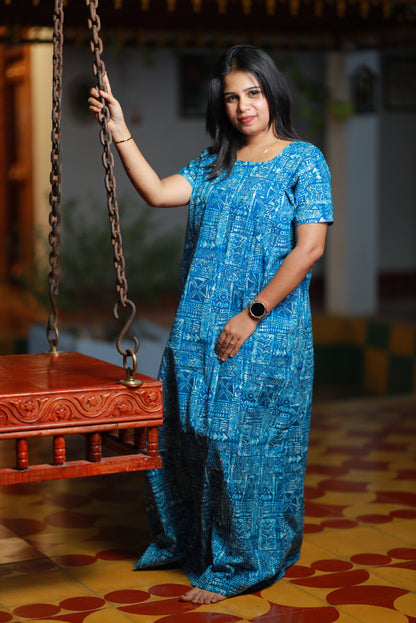 Fancy -Blue with White Jaipuri print Vertical Side Zip Feeding Nighty