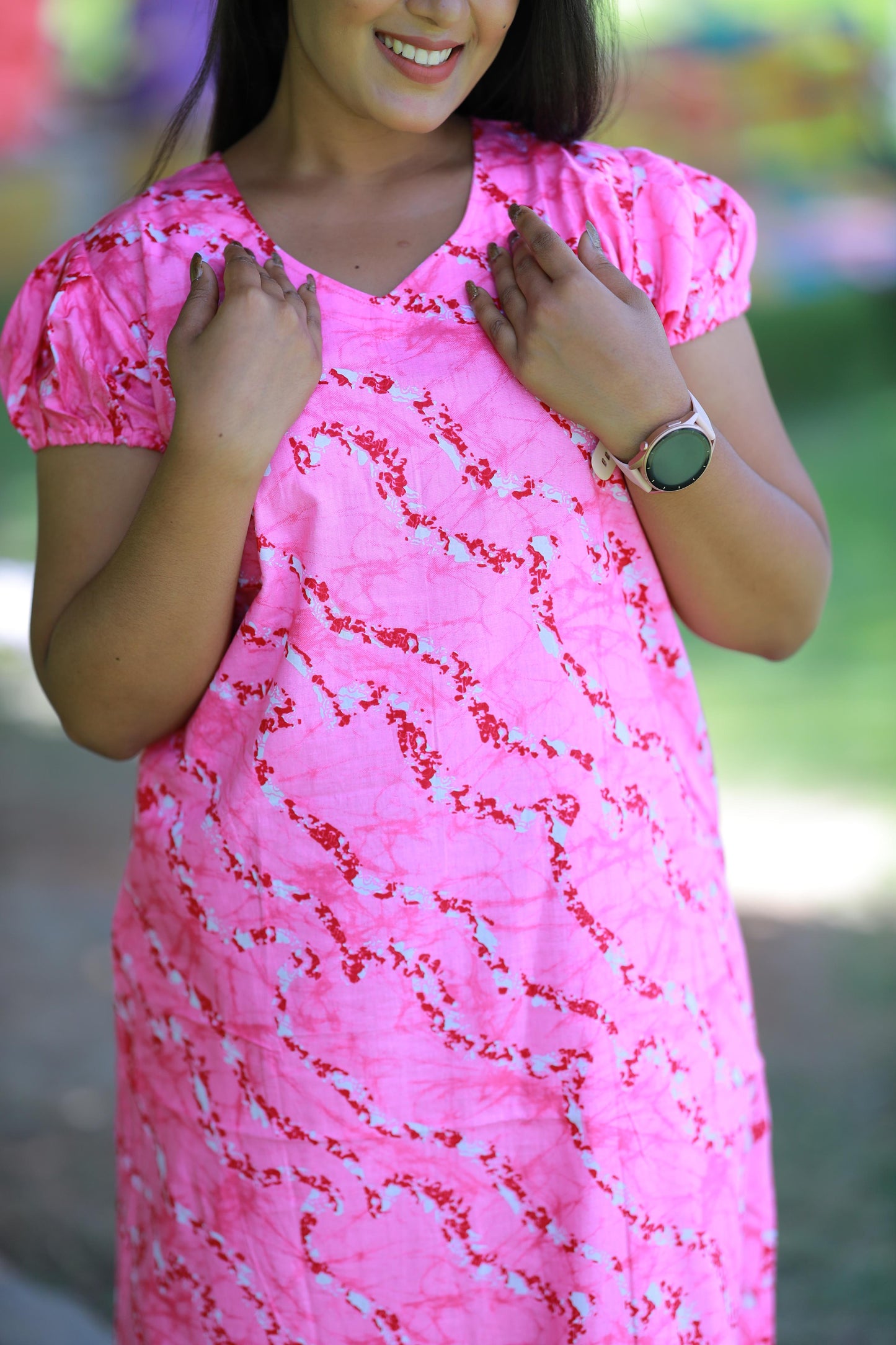 Dark Pink With White Pattern Design V Neck Puff Sleeve Without Zip Nighty