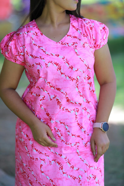 Dark Pink With White Pattern Design V Neck Puff Sleeve Without Zip Nighty