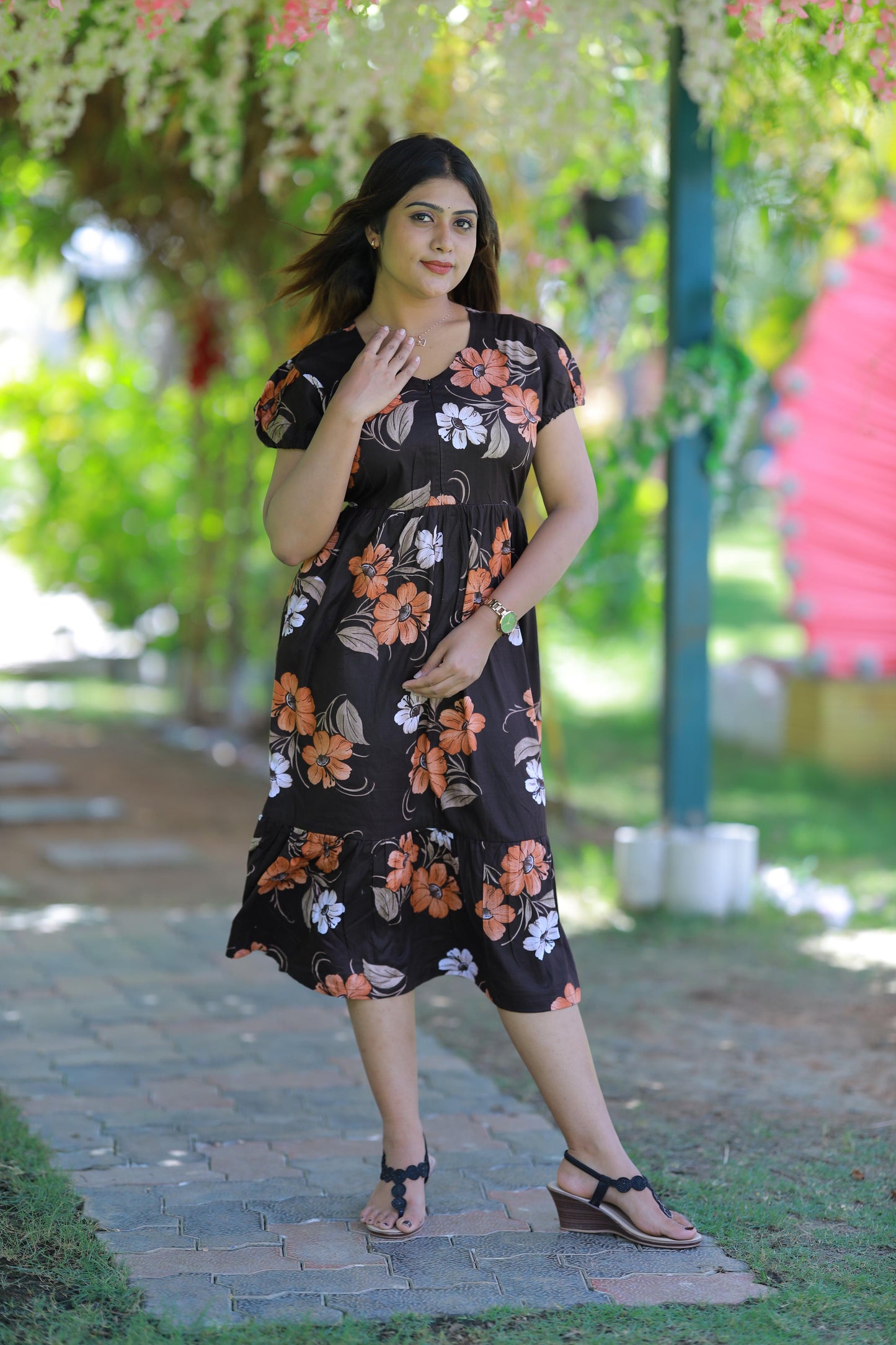 Dark Brown With Light Brown and White flower Design Midi Length center zip frock