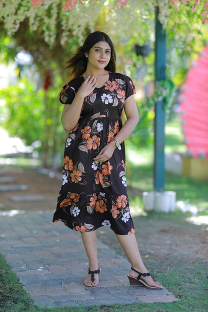 Dark Brown With Light Brown and White flower Design Midi Length center zip frock