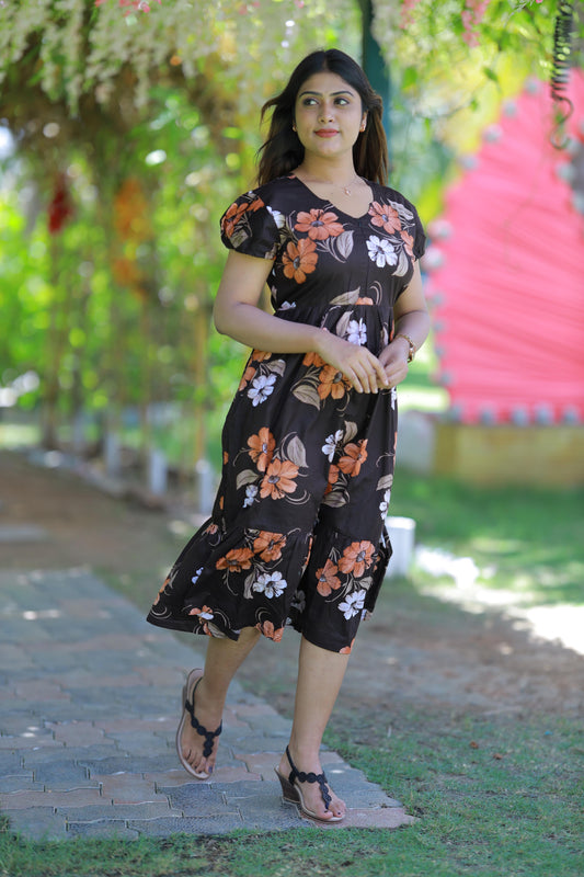 Dark Brown With Light Brown and White flower Design Midi Length center zip frock