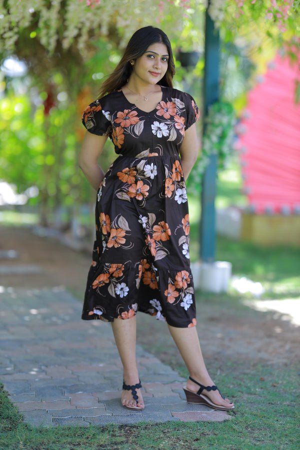 Dark Brown With Light Brown and White flower Design Midi Length center zip frock