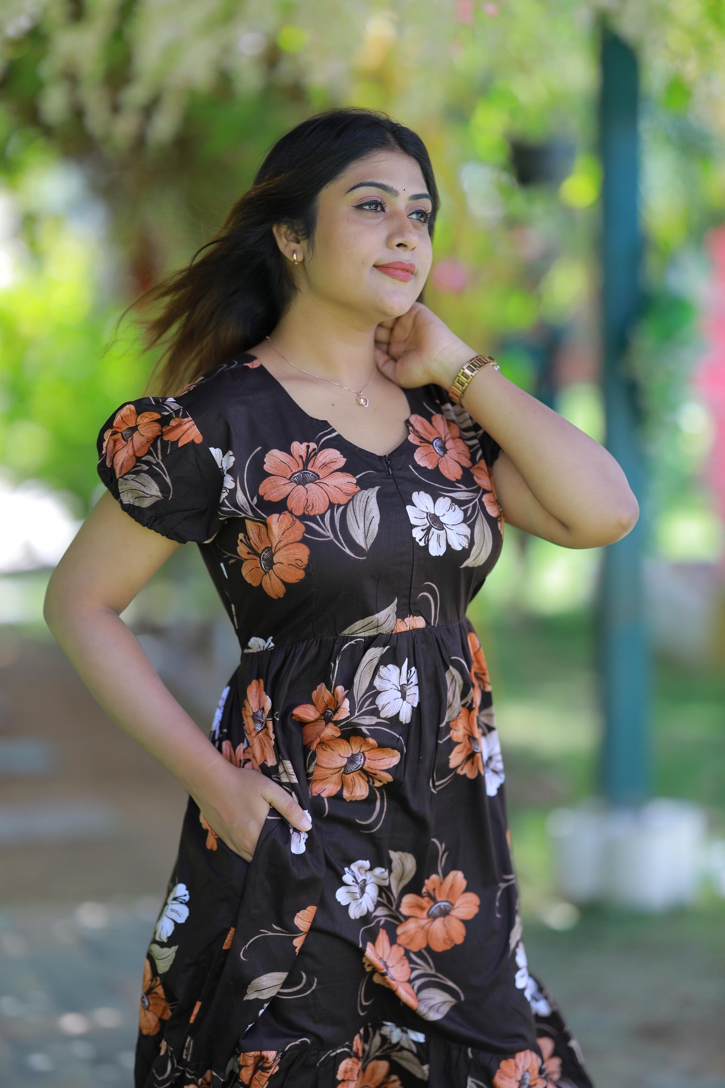 Dark Brown With Light Brown and White flower Design Midi Length center zip frock
