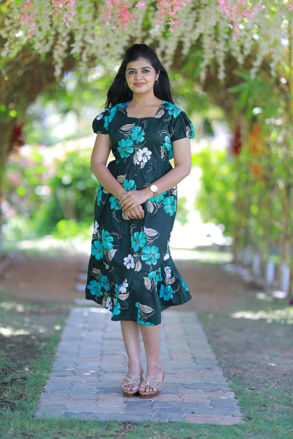 Dark Green With Green and Sandal flower Design Midi Length center zip frock