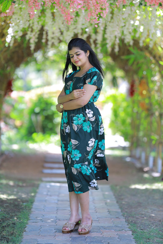 Dark Green With Green and Sandal flower Design Midi Length center zip frock