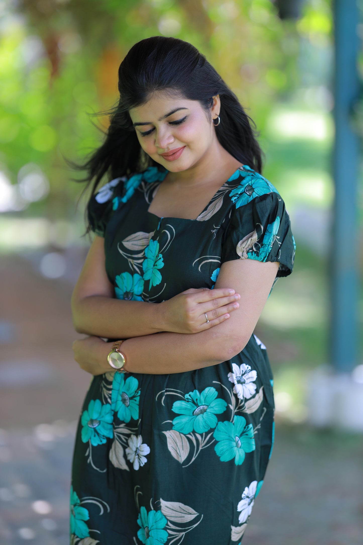 Dark Green With Green and Sandal flower Design Midi Length center zip frock