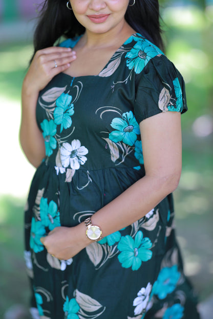 Dark Green With Green and Sandal flower Design Midi Length center zip frock