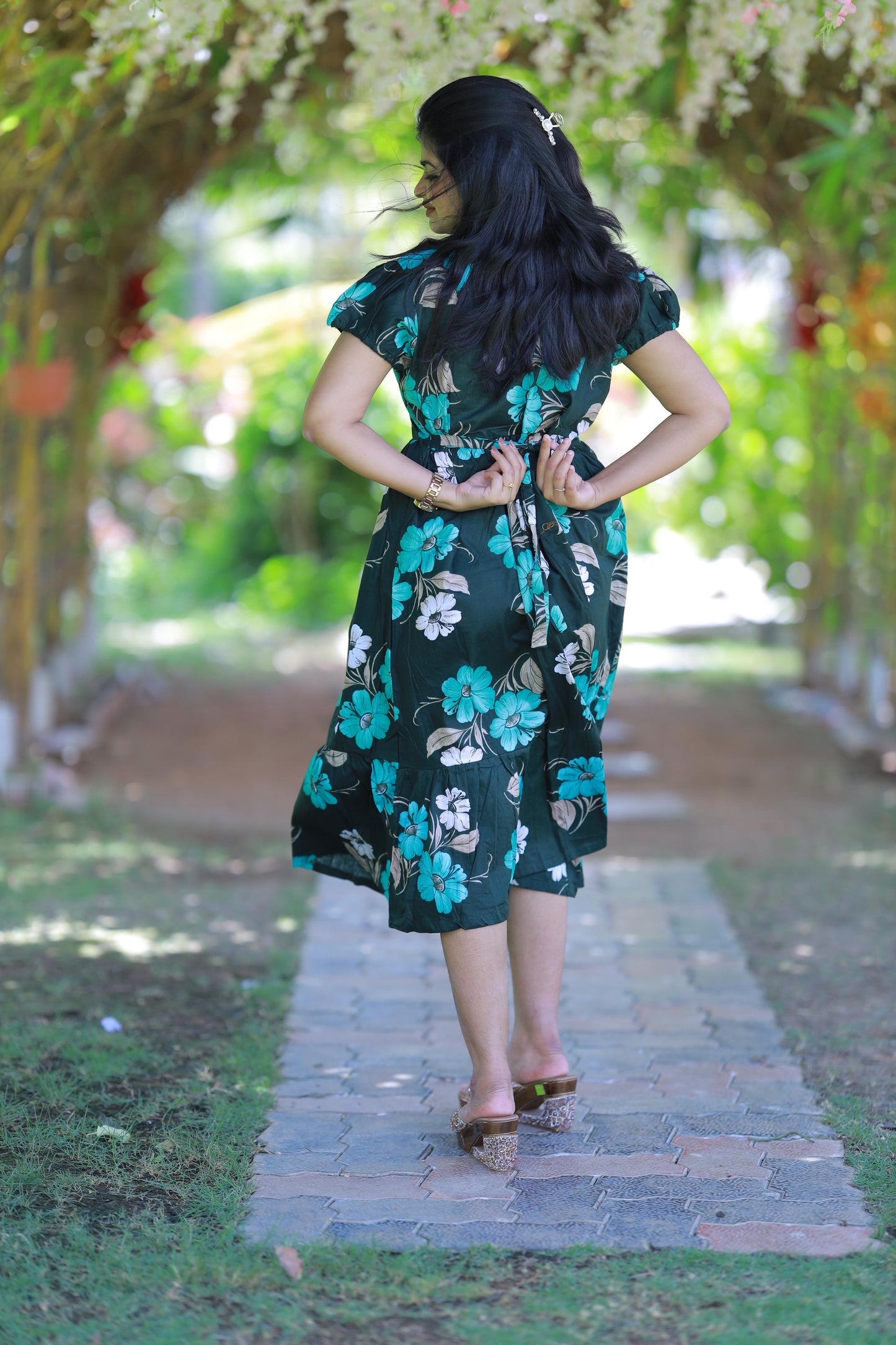 Dark Green With Green and Sandal flower Design Midi Length center zip frock