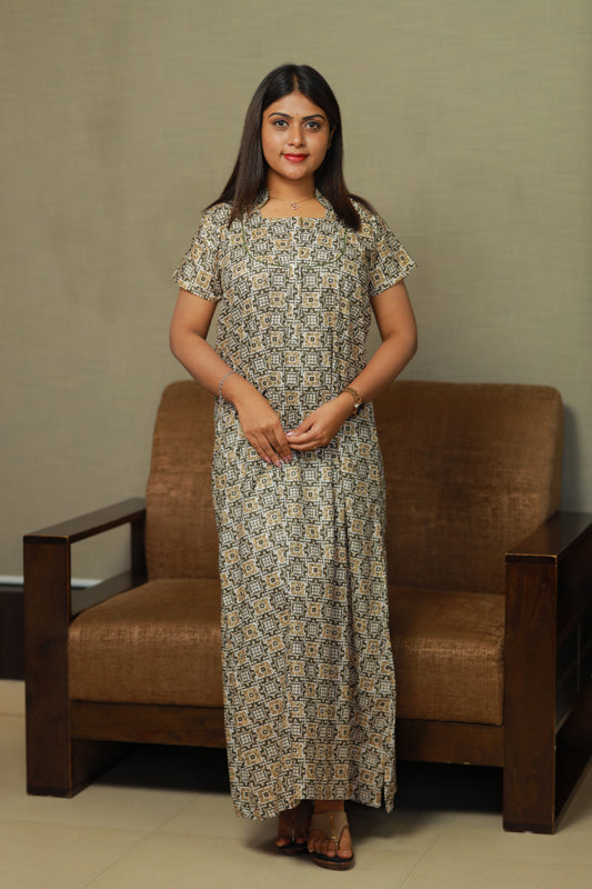 Green with Sandal Box design Collar Nighty