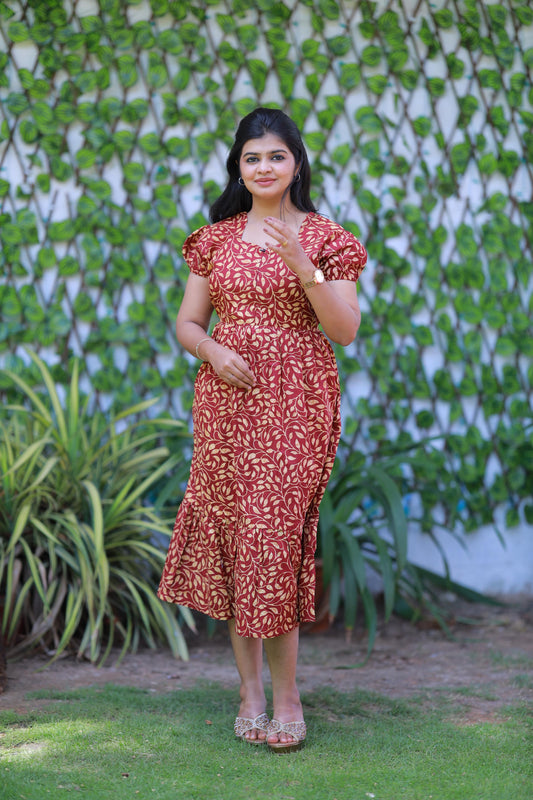 Maroon With Yellow Leaf Design Midi Length center zip frock
