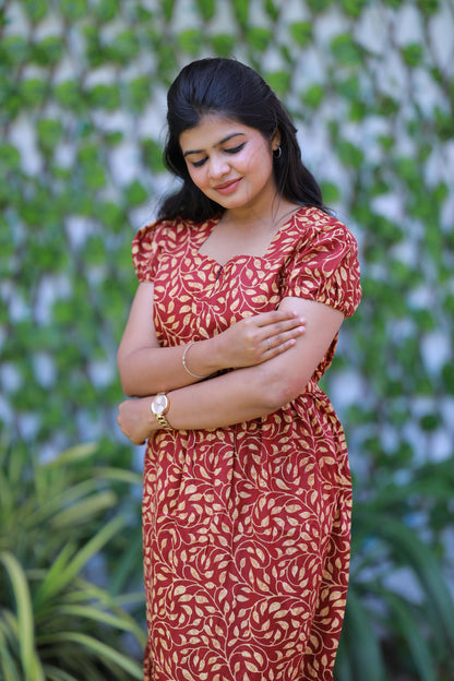 Maroon With Yellow Leaf Design Midi Length center zip frock