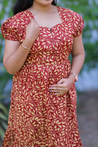 Maroon With Yellow Leaf Design Midi Length center zip frock