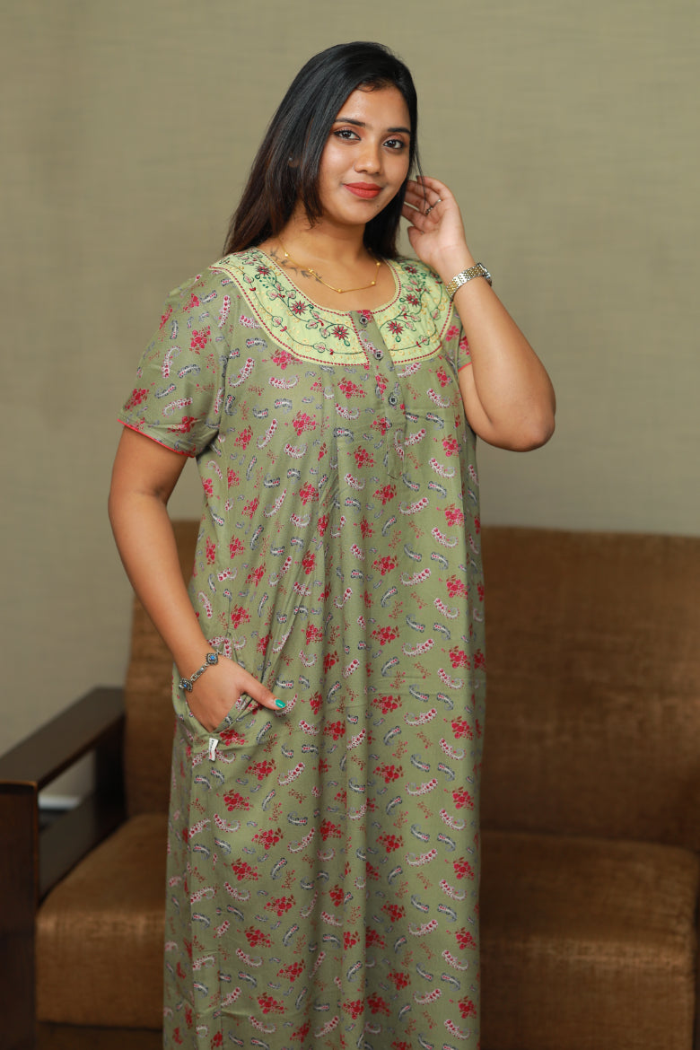 Pista Green Floral Alphine Neck Embroidery Nighty