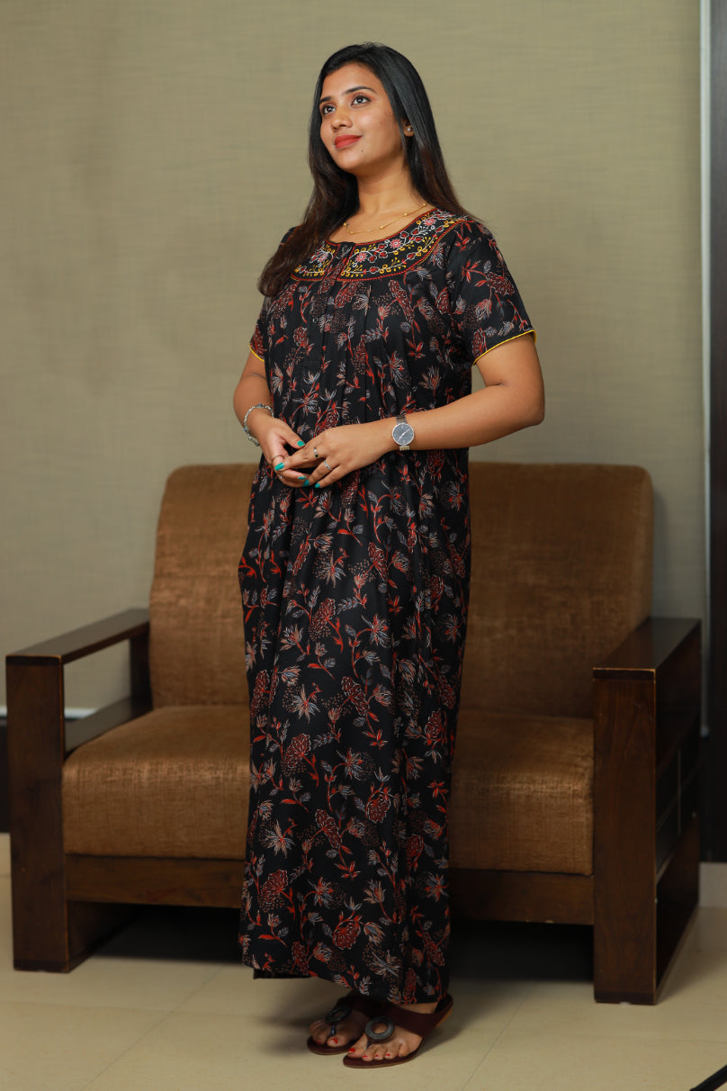 Black with Red floral Neck Embroidery Alphine Nighty