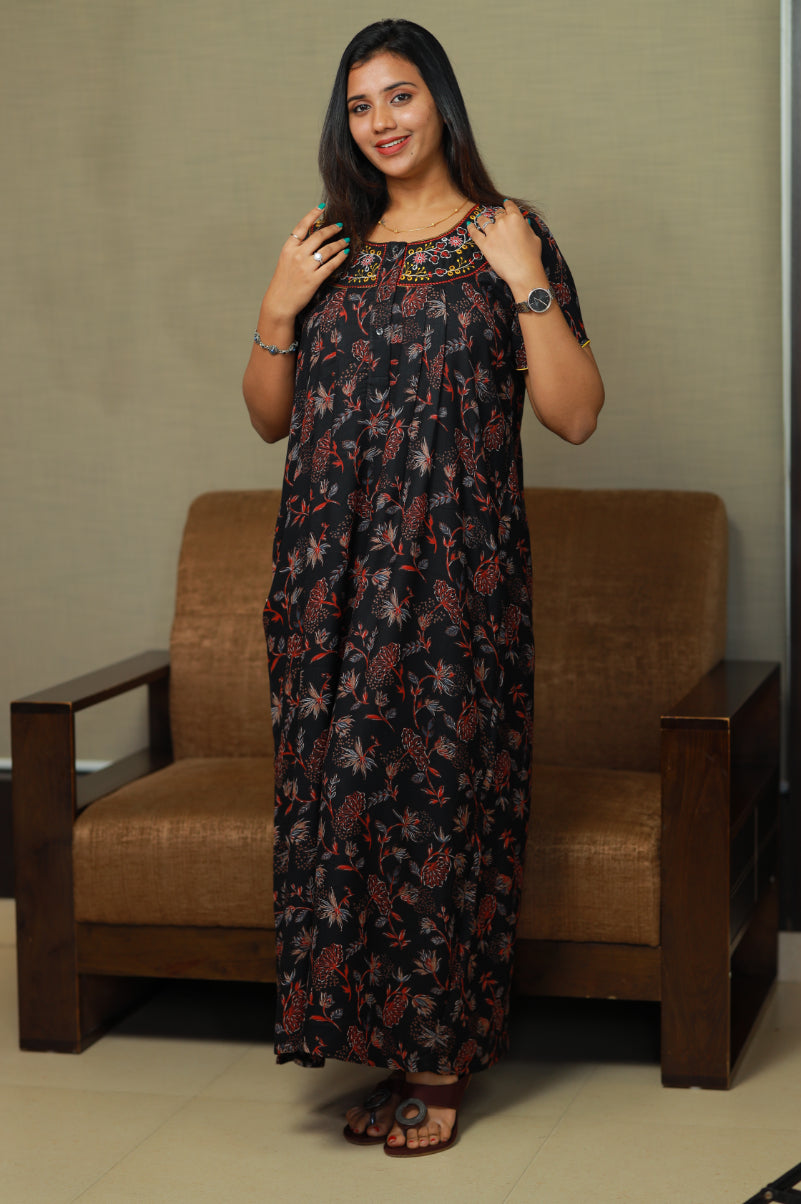 Black with Red floral Neck Embroidery Alphine Nighty