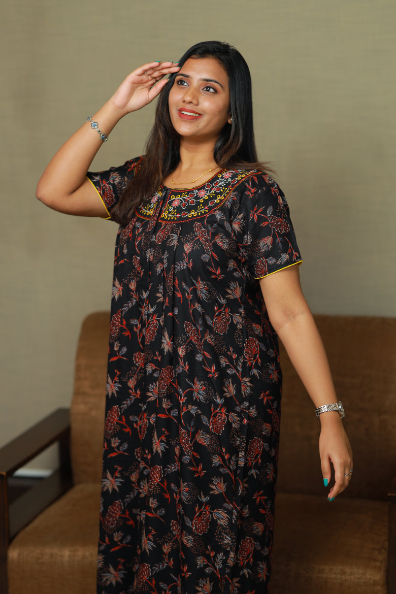 Black with Red floral Neck Embroidery Alphine Nighty