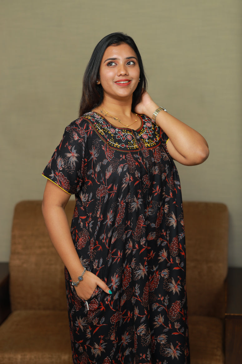 Black with Red floral Neck Embroidery Alphine Nighty