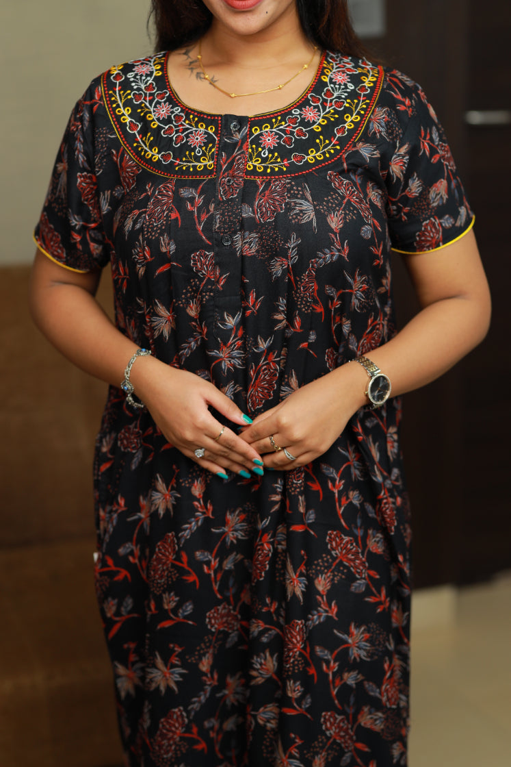 Black with Red floral Neck Embroidery Alphine Nighty