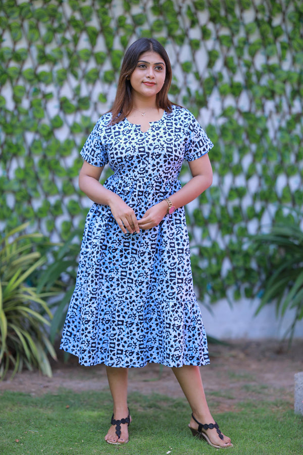 Light Blue With Dark Navy Blue  Midi Length Center zip frock
