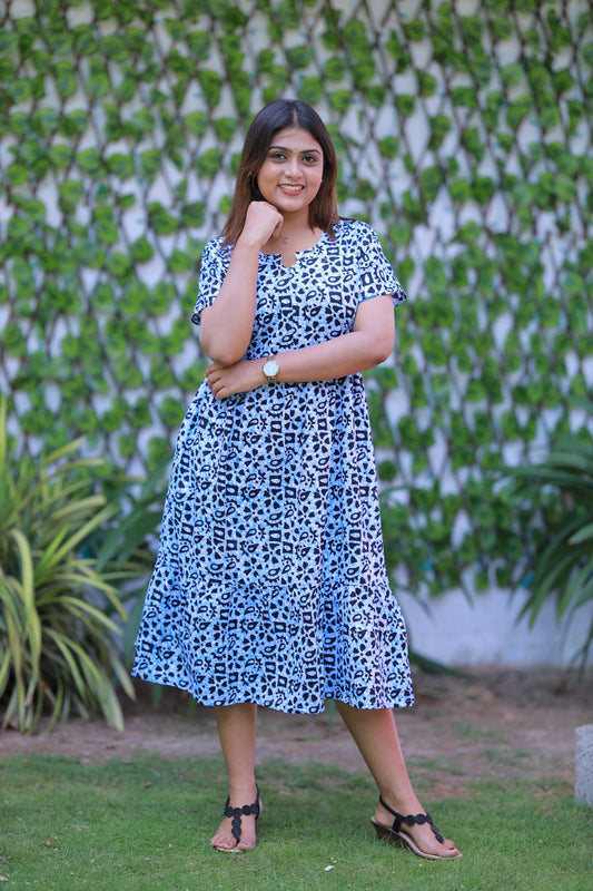 Light Blue With Dark Navy Blue  Midi Length Center zip frock